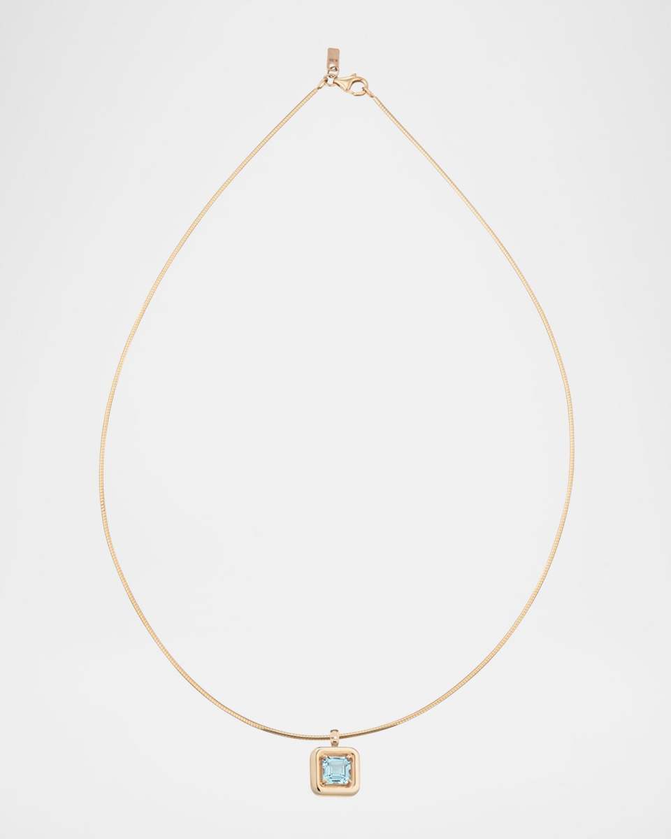 9K Yellow Gold Square Blue Topaz Pendant Necklace
